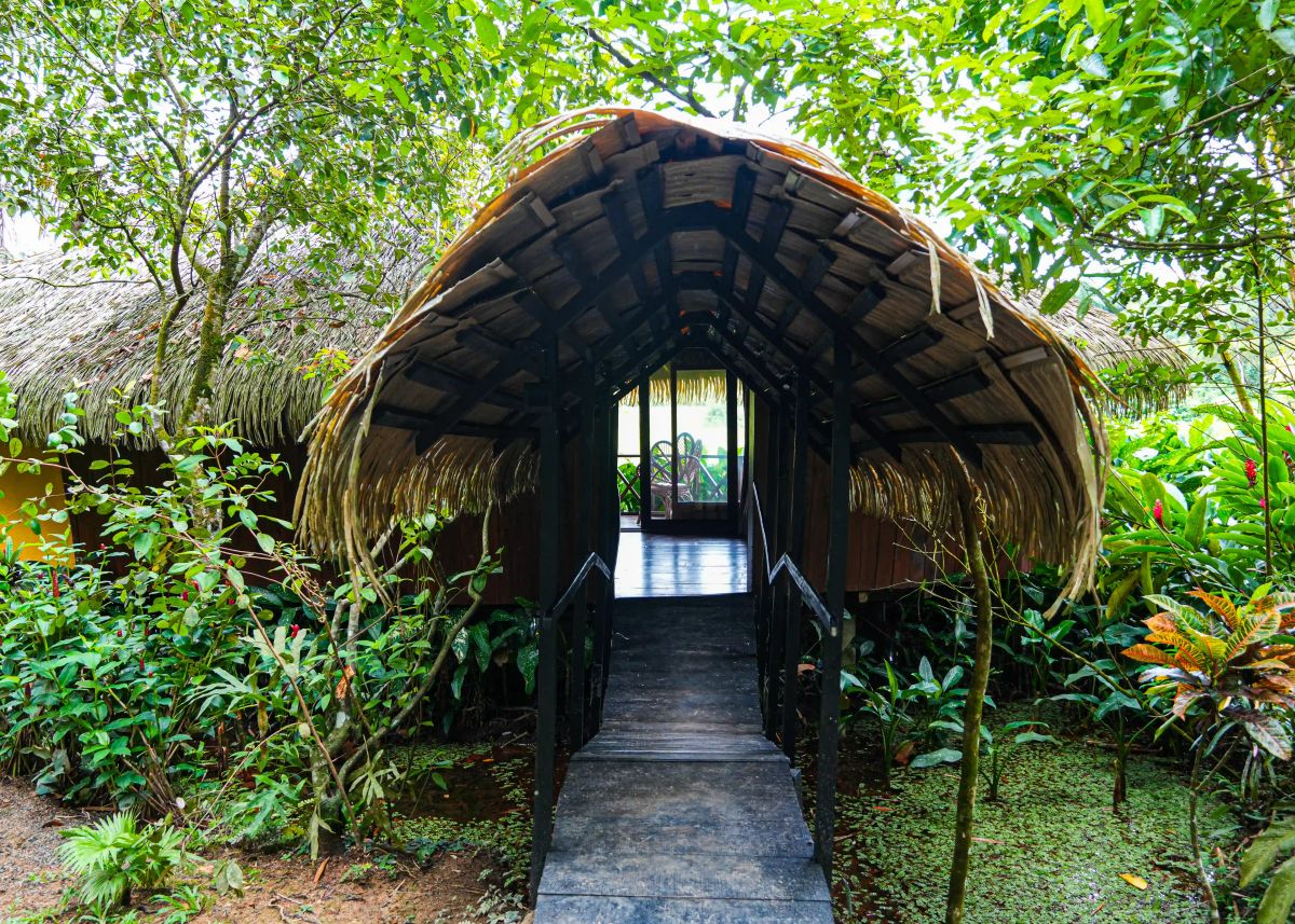 Exterior view of the Green Family Lodge integrated into the natural surroundings.